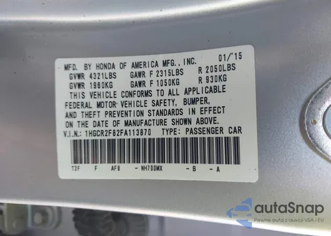 2015 Honda Accord Ex-L z USA, uszkodzony, nr VIN 1HGCR2F82FA113870